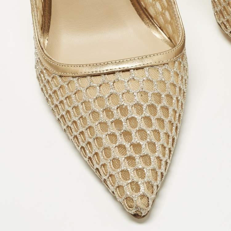 Pre Owned Stuart Weitzman Size 40.5 Gold Leather and Mesh Pointed Toe Pumps