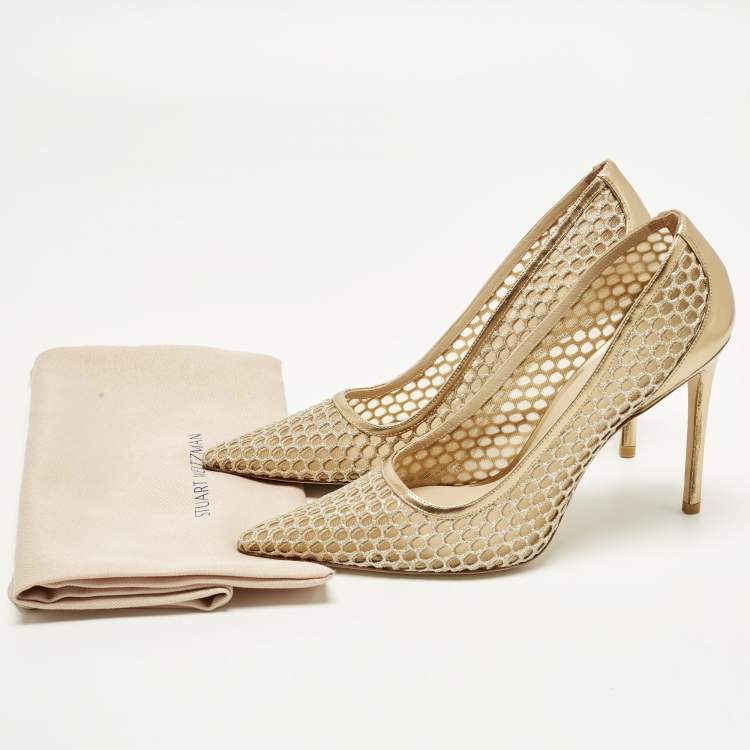 Pre Owned Stuart Weitzman Size 40.5 Gold Leather and Mesh Pointed Toe Pumps