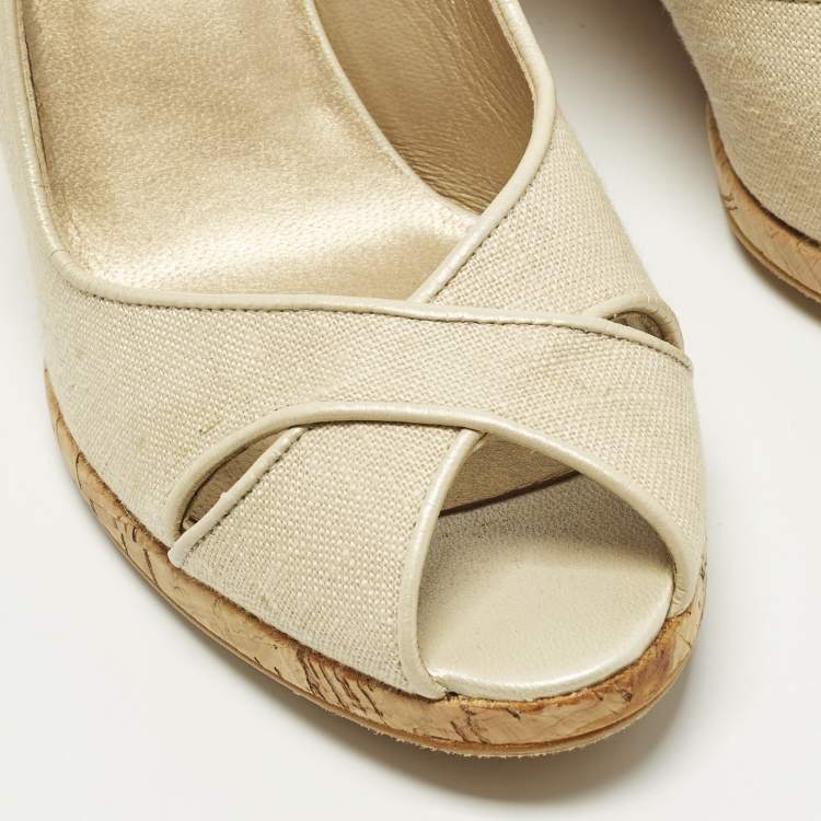 Pre Owned Stuart Weitzman Size 37 Beige Canvas Peep Toe Slingback Pumps