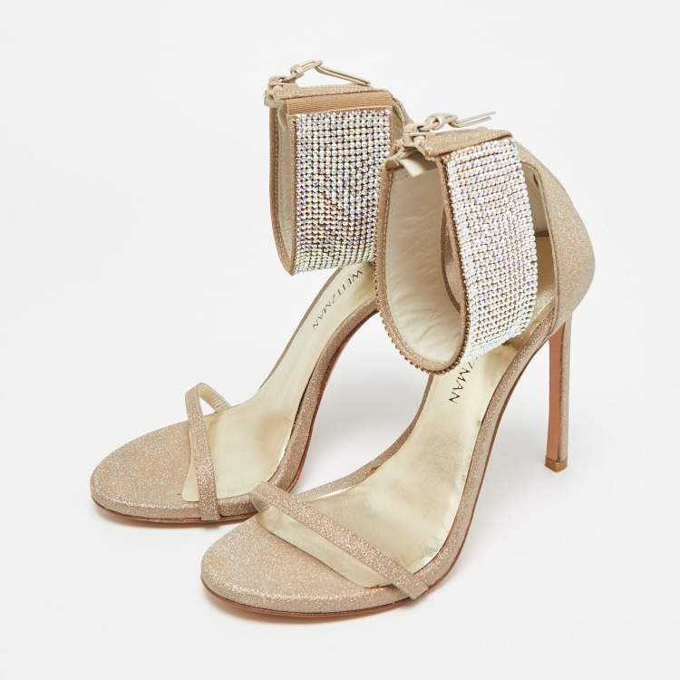 Pre Owned Stuart Weitzman Nudist Size 39 Metallic Glitter Ankle Strap Sandals