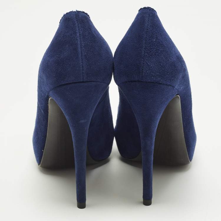 Pre Owned Stuart Weitzman Size 38.5 Navy Blue Suede Peep Toe Pumps