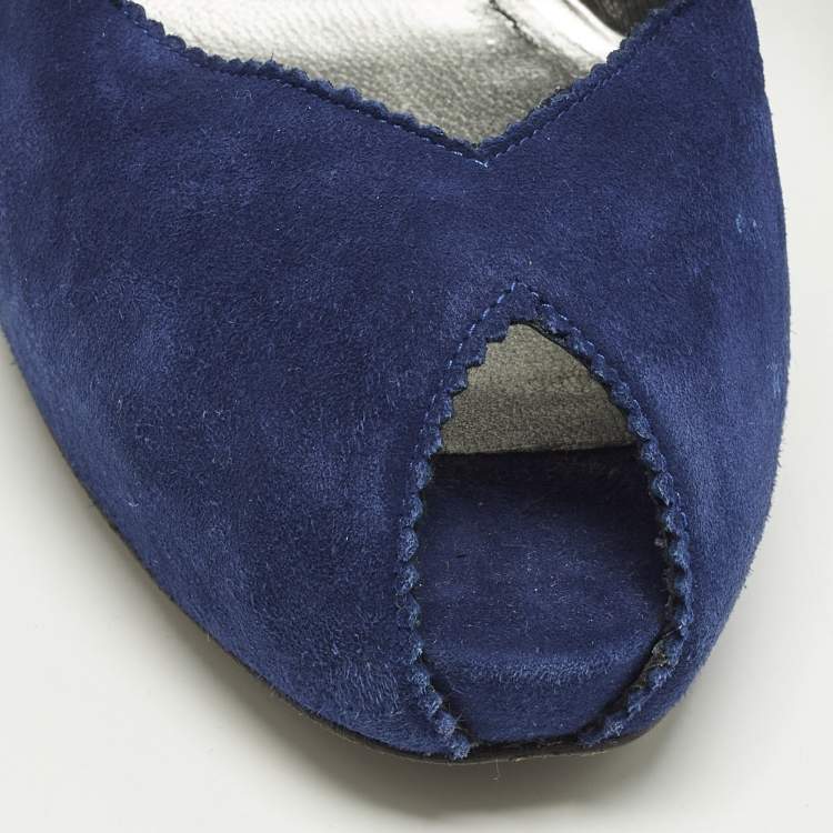 Pre Owned Stuart Weitzman Size 38.5 Navy Blue Suede Peep Toe Pumps