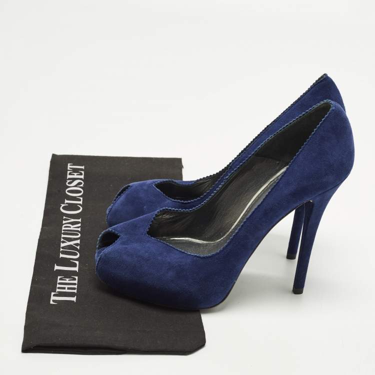 Pre Owned Stuart Weitzman Size 38.5 Navy Blue Suede Peep Toe Pumps