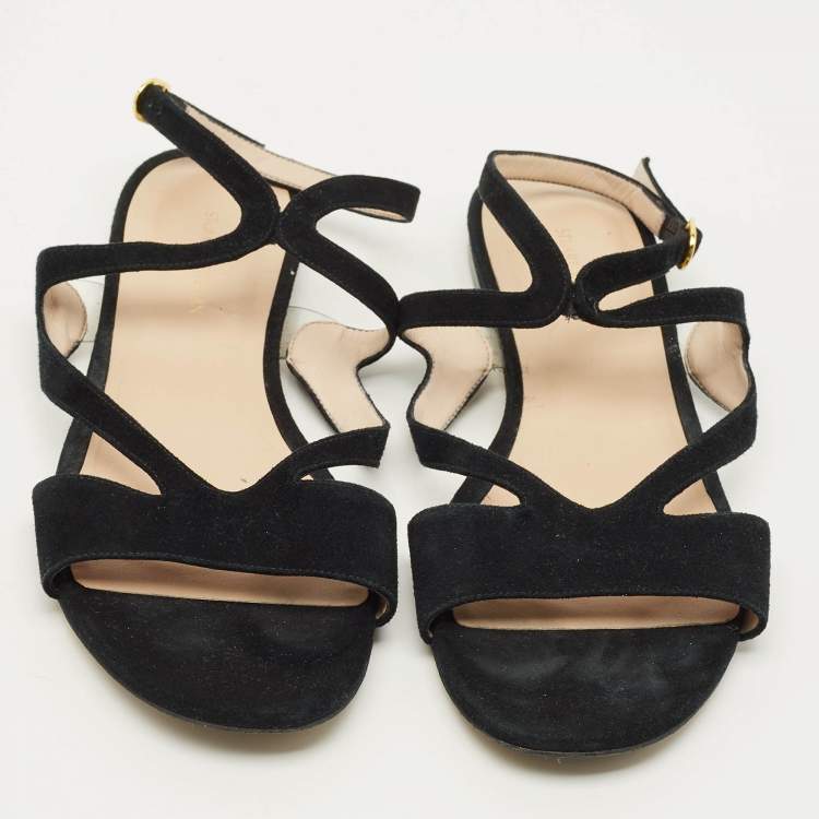 Pre Owned Stuart Weitzman Size 38.5 Black PVC and Suede Ankle Strap Flats