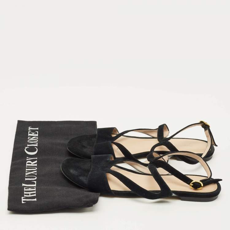 Pre Owned Stuart Weitzman Size 38.5 Black PVC and Suede Ankle Strap Flats