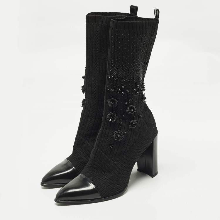 Pre Owned Stuart Weitzman Glove Size 39.5 Black Knit Fabric and Leather Embellished Sock Hop Boots
