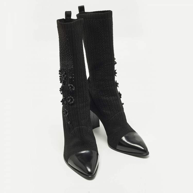 Pre Owned Stuart Weitzman Glove Size 39.5 Black Knit Fabric and Leather Embellished Sock Hop Boots