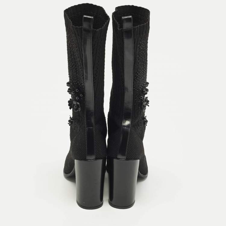Pre Owned Stuart Weitzman Glove Size 39.5 Black Knit Fabric and Leather Embellished Sock Hop Boots