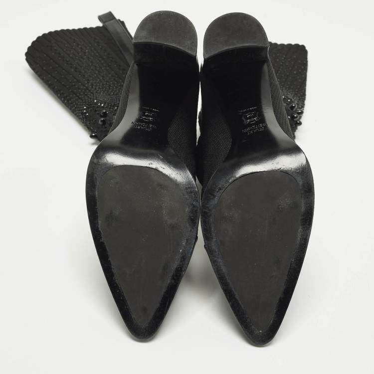 Pre Owned Stuart Weitzman Glove Size 39.5 Black Knit Fabric and Leather Embellished Sock Hop Boots