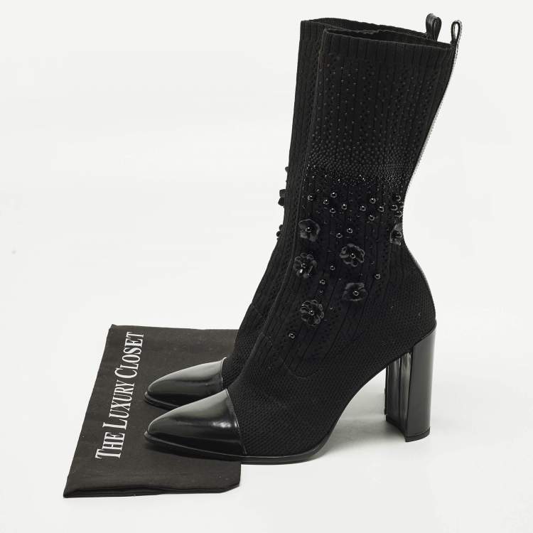 Pre Owned Stuart Weitzman Glove Size 39.5 Black Knit Fabric and Leather Embellished Sock Hop Boots
