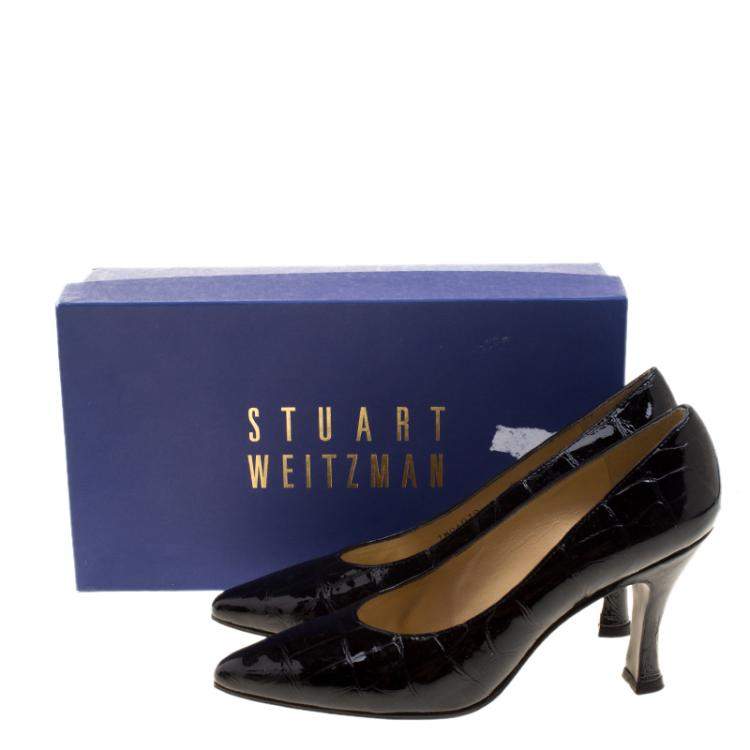 Pre Owned Stuart Weitzman Black Patent Croc Embossed Leather Pumps Size 38.5