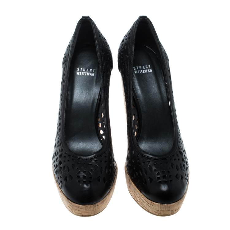 Pre Owned Stuart Weitzman Black Perforated Leather Nudotcomer Platform Cork Wedge Pumps Size 41