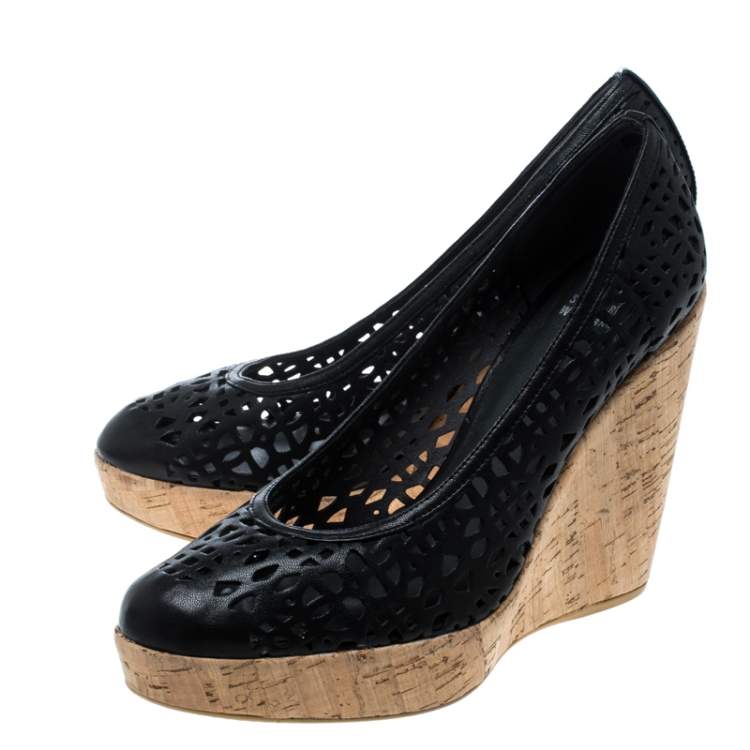 Pre Owned Stuart Weitzman Black Perforated Leather Nudotcomer Platform Cork Wedge Pumps Size 41