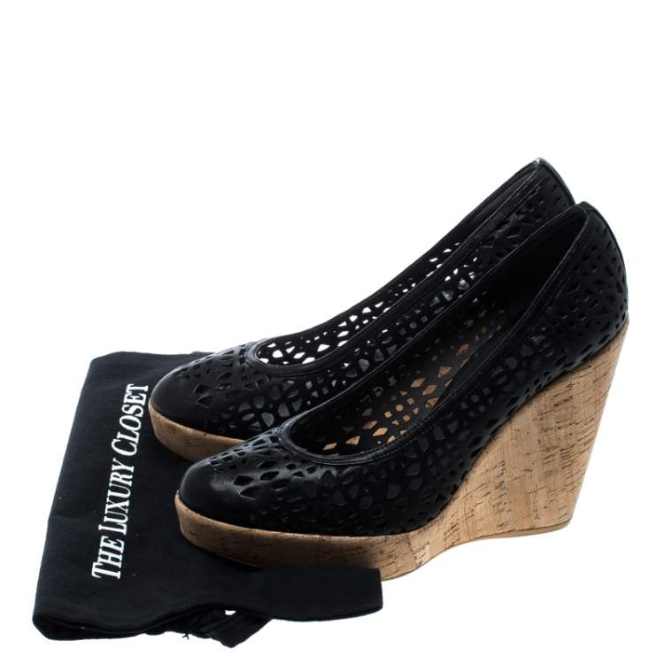 Pre Owned Stuart Weitzman Black Perforated Leather Nudotcomer Platform Cork Wedge Pumps Size 41