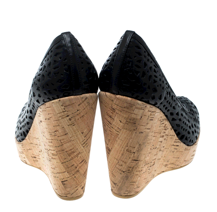 Pre Owned Stuart Weitzman Black Perforated Leather Nudotcomer Platform Cork Wedge Pumps Size 41