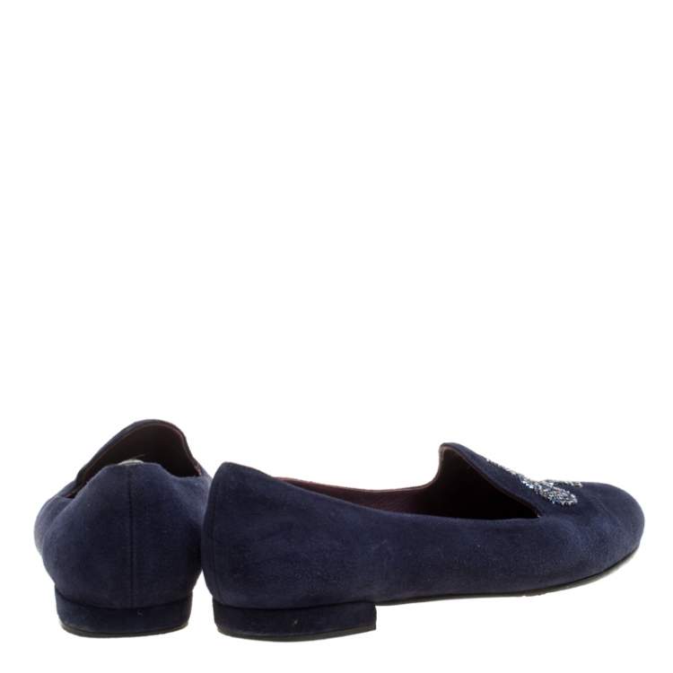 Pre Owned Stuart Weitzman Blue Suede Lys Crystal Rocks Smoking Slipper Size 36.5