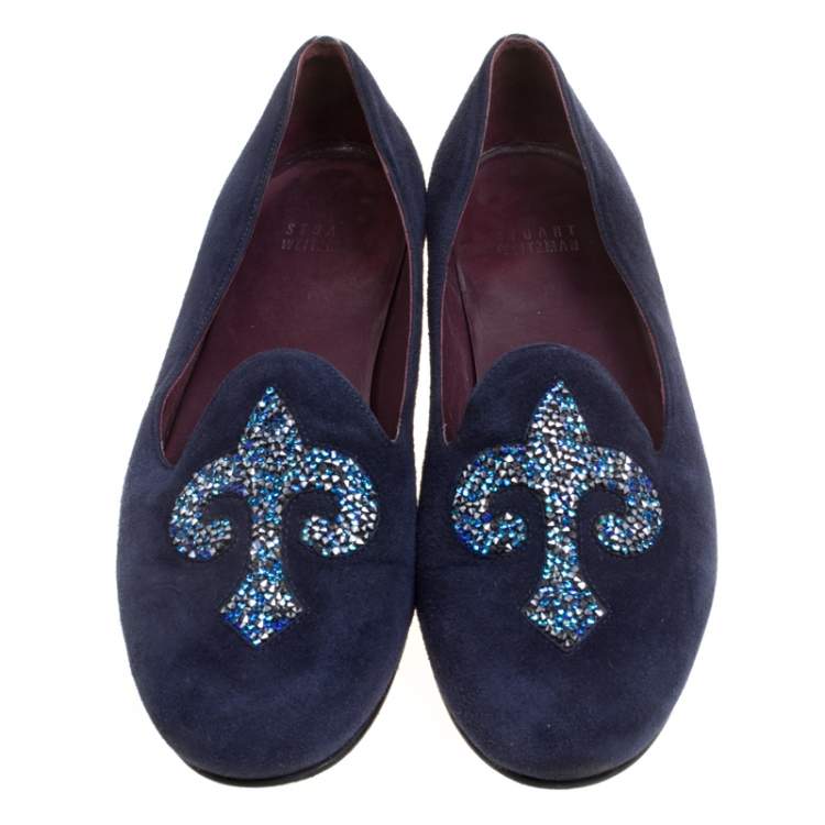 Pre Owned Stuart Weitzman Blue Suede Lys Crystal Rocks Smoking Slipper Size 36.5