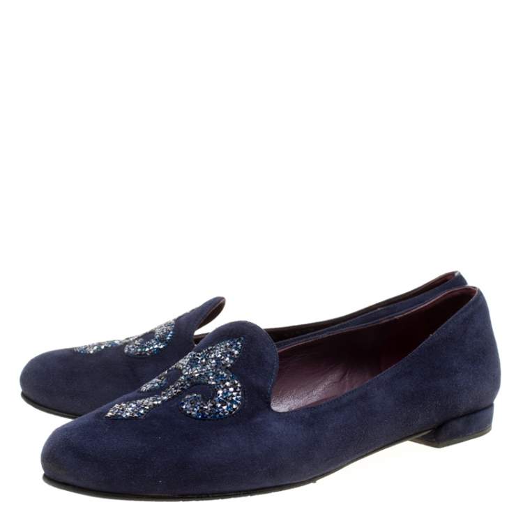 Pre Owned Stuart Weitzman Blue Suede Lys Crystal Rocks Smoking Slipper Size 36.5