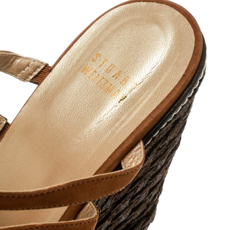 Pre Owned Stuart Weitzman Brown Nubuck Leather Platform Wedge Ankle Strap Sandals Size 39.5