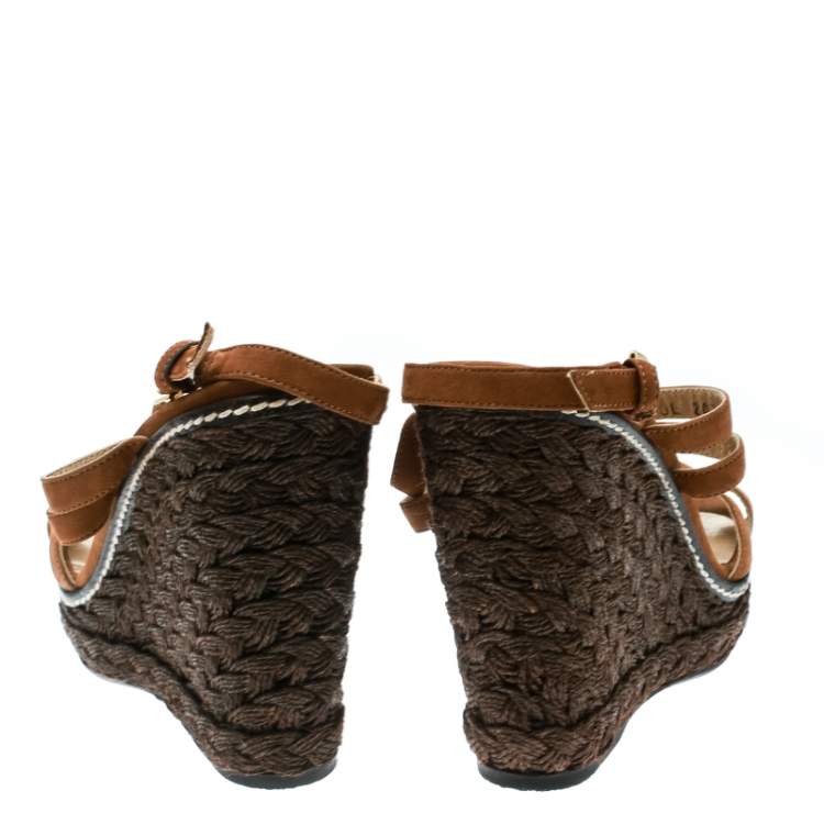 Pre Owned Stuart Weitzman Brown Nubuck Leather Platform Wedge Ankle Strap Sandals Size 39.5
