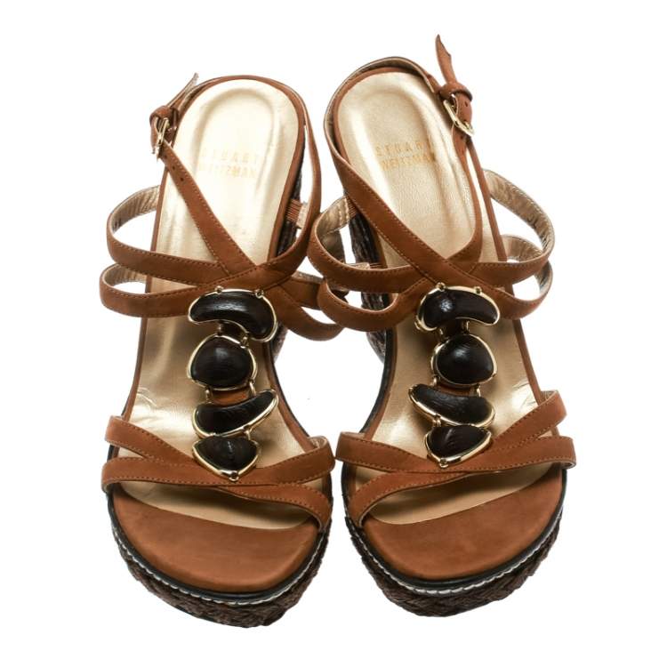 Pre Owned Stuart Weitzman Brown Nubuck Leather Platform Wedge Ankle Strap Sandals Size 39.5