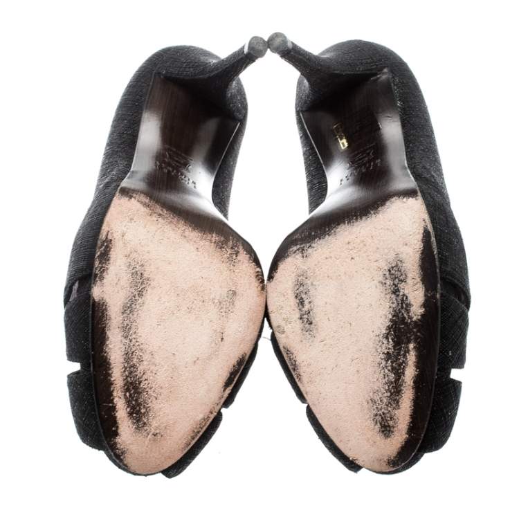 Pre Owned Stuart Weitzman Black Textured Fabric Criss Cross Open Toe Platform Pumps Size 39