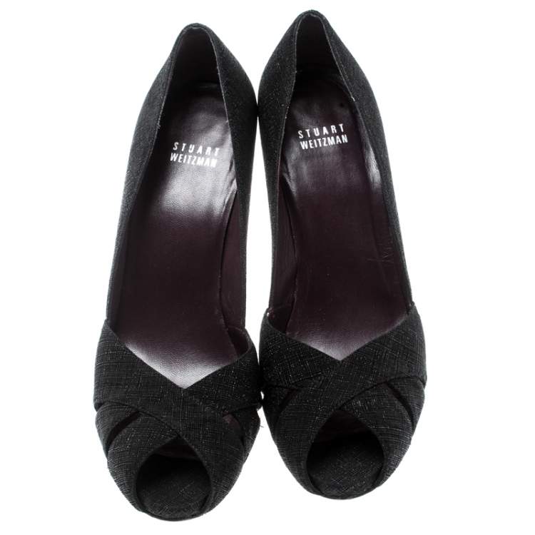 Pre Owned Stuart Weitzman Black Textured Fabric Criss Cross Open Toe Platform Pumps Size 39