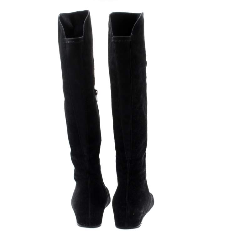 Pre Owned Stuart Weitzman Black Suede/Fabric Knee Length Boots Size 41