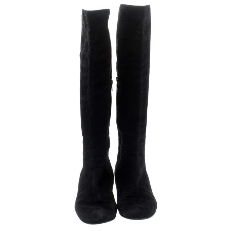 Pre Owned Stuart Weitzman Black Suede/Fabric Knee Length Boots Size 41