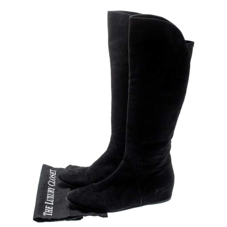 Pre Owned Stuart Weitzman Black Suede/Fabric Knee Length Boots Size 41