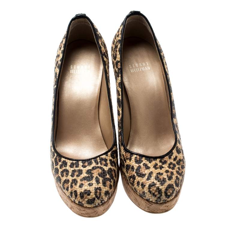 Pre Owned Stuart Weitzman Beige/Black Leopard Print Raffia Platform Wedge Pumps Size 38.5