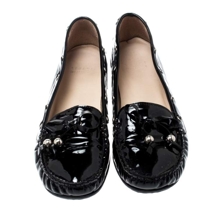 Pre Owned Stuart Weitzman Black Patent Leather Bow Detail Loafers Size 38