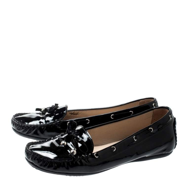 Pre Owned Stuart Weitzman Black Patent Leather Bow Detail Loafers Size 38