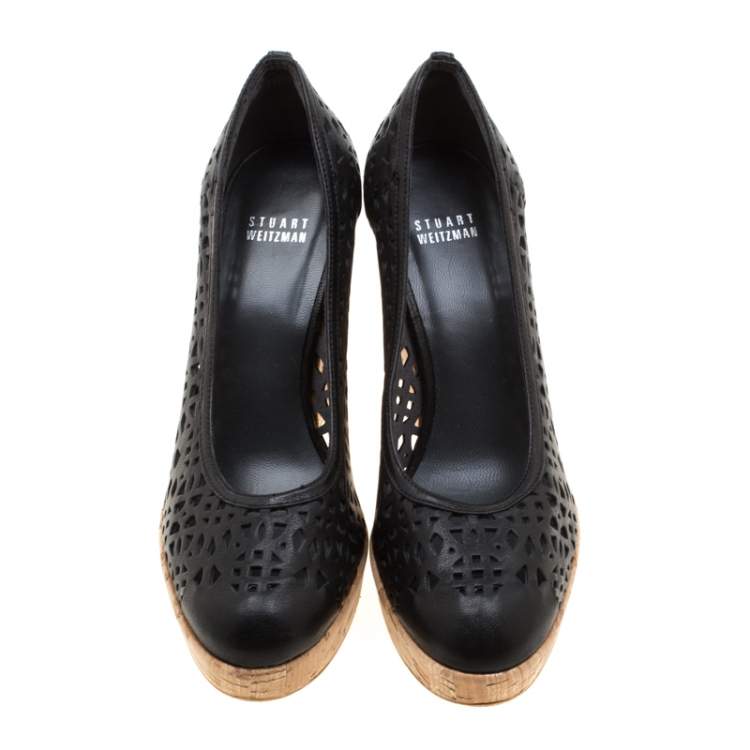 Pre Owned Stuart Weitzman Black Perforated Leather Nudotcomer Platform Cork Wedge Pumps Size 39