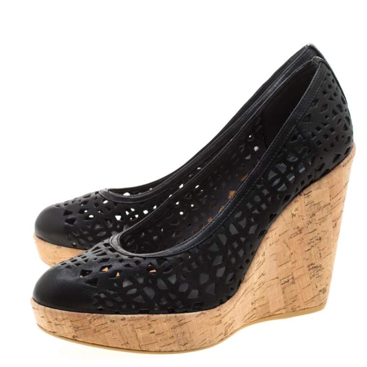 Pre Owned Stuart Weitzman Black Perforated Leather Nudotcomer Platform Cork Wedge Pumps Size 39