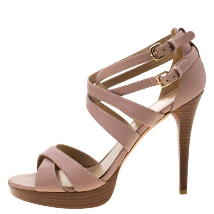 Pre Owned Stuart Weitzman Blush Leather Cross Strap Sandals Size 39.5