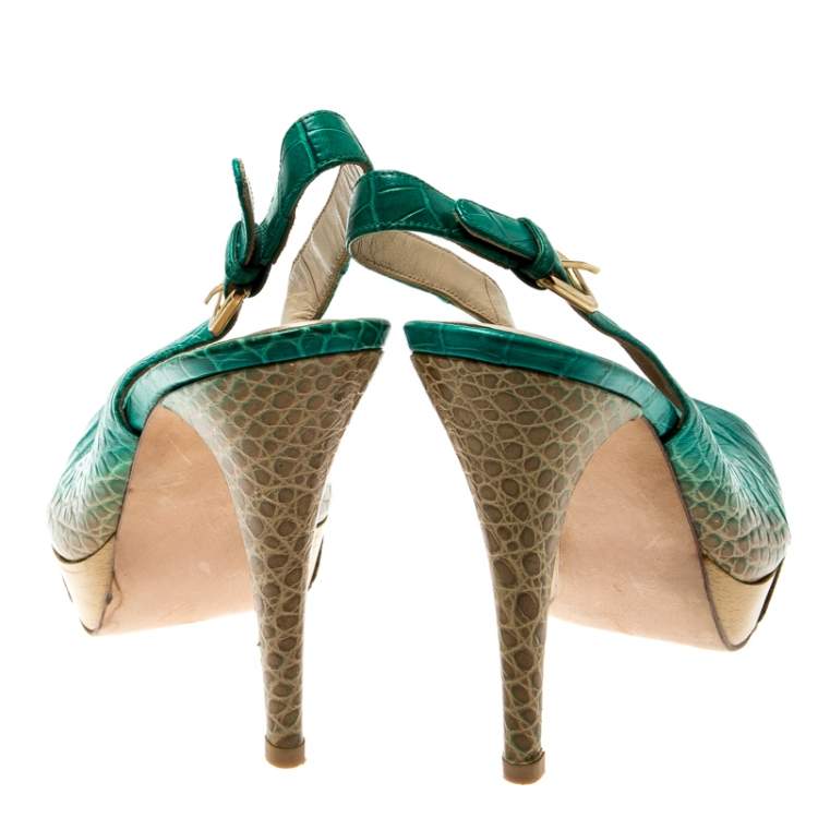 Pre Owned Stuart Weitzman Green Degradè Croc Embossed Leather Peep Toe Platform Slingback Sandals Size 39.5