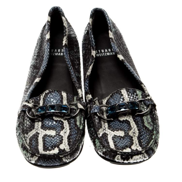 Pre Owned Stuart Weitzman Multicolor Python Embossed Leather Crystal Embellished Loafers Size 39.5