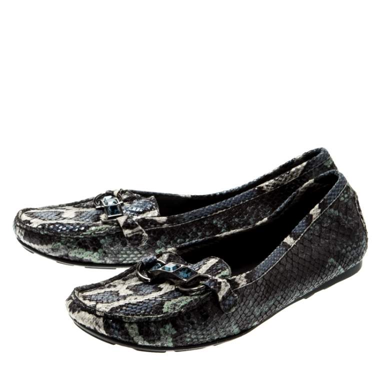 Pre Owned Stuart Weitzman Multicolor Python Embossed Leather Crystal Embellished Loafers Size 39.5