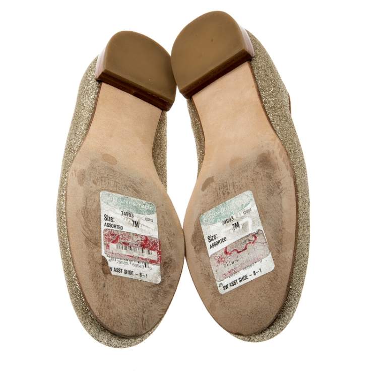 Pre Owned Stuart Weitzman Metallic Gold Glitter Smoking Slippers Size 37.5
