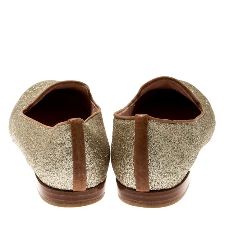 Pre Owned Stuart Weitzman Metallic Gold Glitter Smoking Slippers Size 37.5