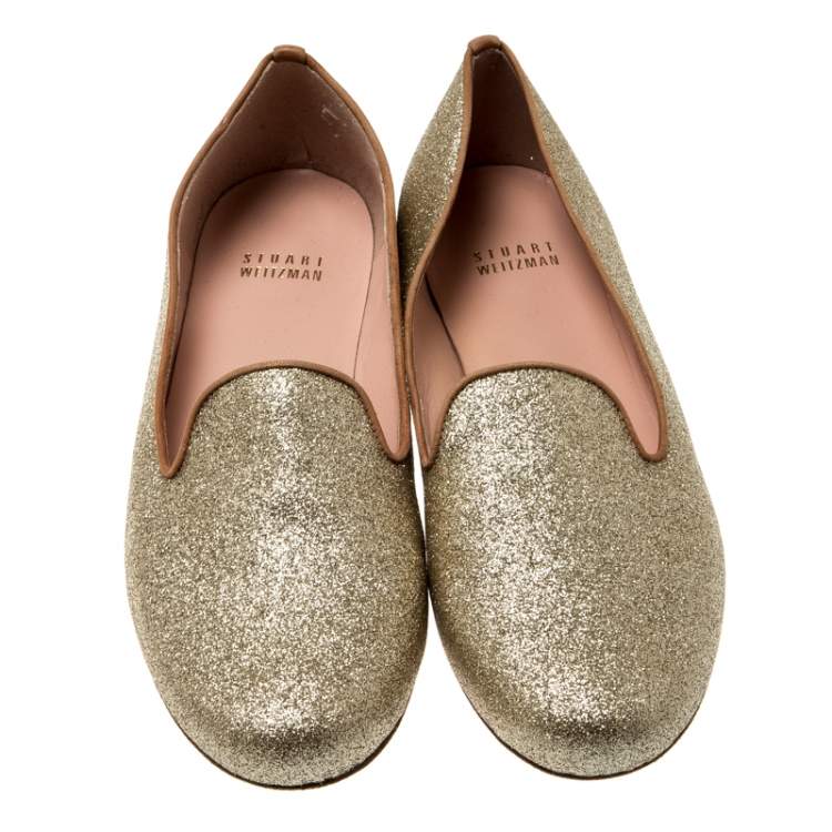 Pre Owned Stuart Weitzman Metallic Gold Glitter Smoking Slippers Size 37.5
