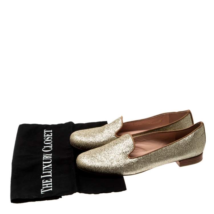 Pre Owned Stuart Weitzman Metallic Gold Glitter Smoking Slippers Size 37.5