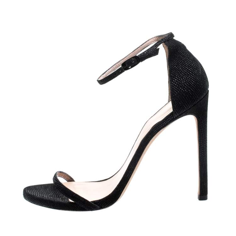 Pre Owned Stuart Weitzman Black Textured Leather Nudist Sandals Size 41