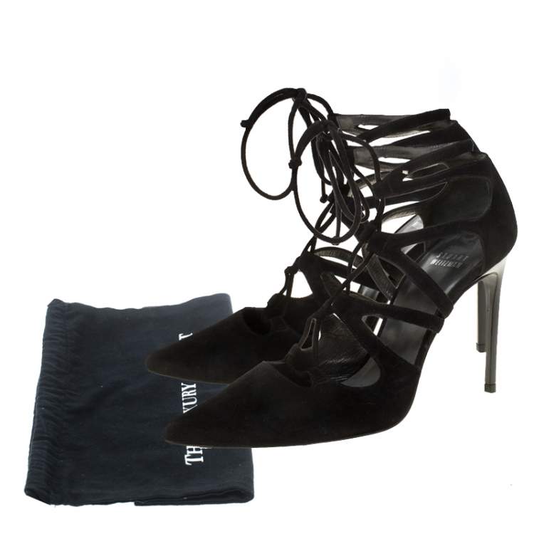 Pre Owned Stuart Weitzman Black Suede Leather Strappy Pointed Toe Ankle Wrap Pumps Size 38