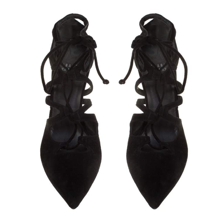 Pre Owned Stuart Weitzman Black Suede Leather Strappy Pointed Toe Ankle Wrap Pumps Size 38