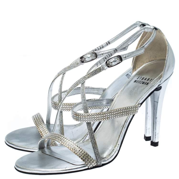 Pre Owned Stuart Weitzman Metallic Silver Crystal Embellished Sandals Size 38