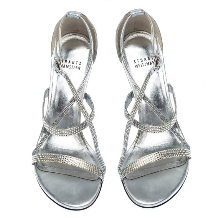 Pre Owned Stuart Weitzman Metallic Silver Crystal Embellished Sandals Size 38