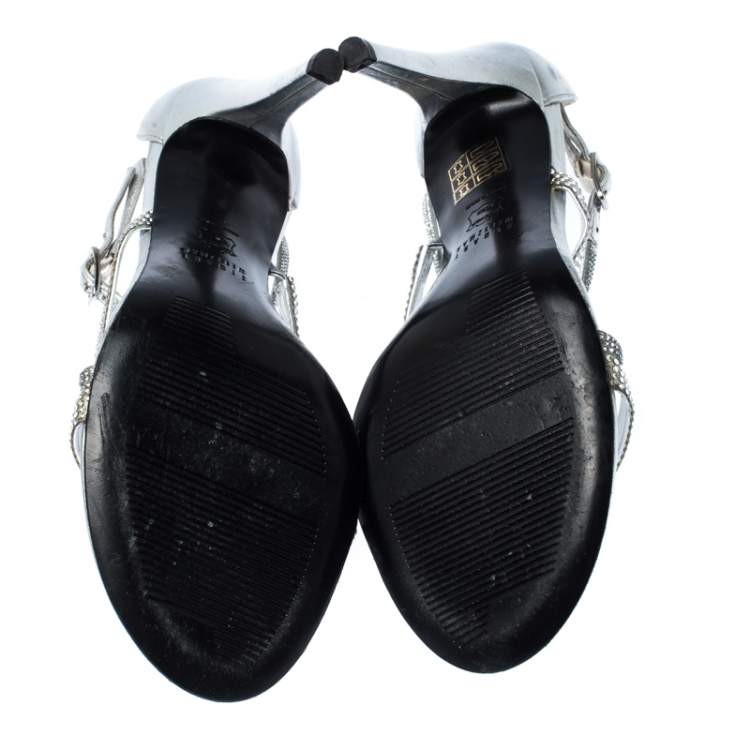 Pre Owned Stuart Weitzman Metallic Silver Crystal Embellished Sandals Size 38