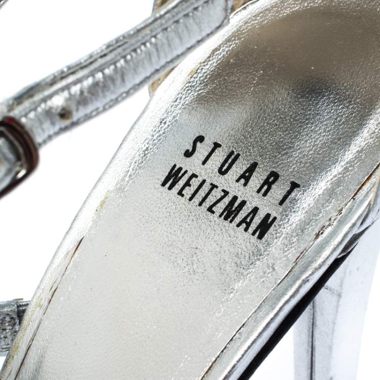 Pre Owned Stuart Weitzman Metallic Silver Crystal Embellished Sandals Size 38
